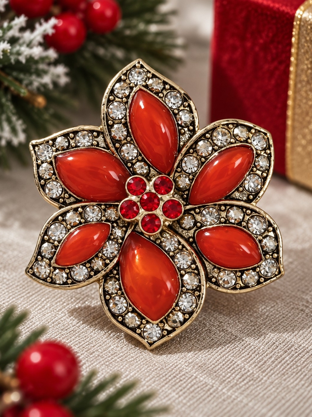 Gold-Tone Red Floral Crystal Brooch - Women Jewelry